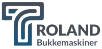 Logotyp för roland bukkemaskiner, med stiliserade bokstäver i blått och grönt.